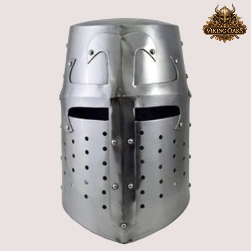 Crusader Helmet with Wooden Stand – Knights Templar Medieval Armor for Reenactment, LARP & Cosplay