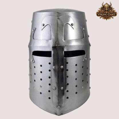 Crusader Helmet with Wooden Stand – Knights Templar Medieval Armor for Reenactment, LARP & Cosplay