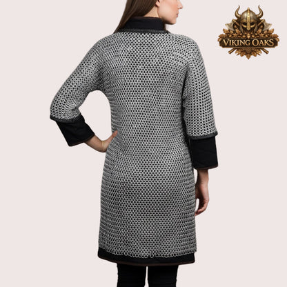 Dark Gray Aluminum Chainmail Long Hauberk 9mm Flat Rings Half Sleeve Front Open Easter Armor Costume