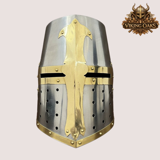 Crusader Helmet with Brass Trim – Knights Templar Medieval Armor for Reenactment, LARP & Cosplay