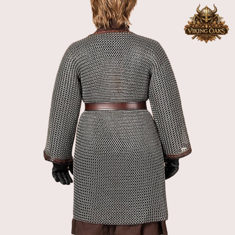 8MM Mild Steel Chainmail Hauberk Half Sleeve Flat Riveted Front Open Shirt Halloween Costume