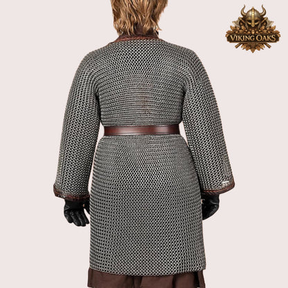 8MM Mild Steel Chainmail Hauberk Half Sleeve Flat Riveted Front Open Shirt Halloween Costume