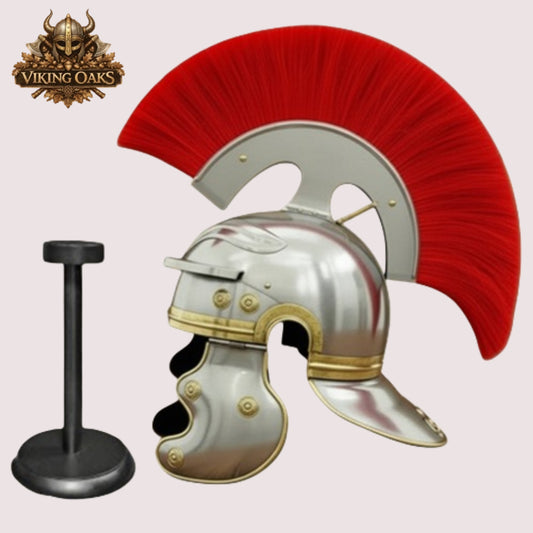 Roman Centurion Helmet red hair – Warrior Armor Helmet with Wooden Display Stand
