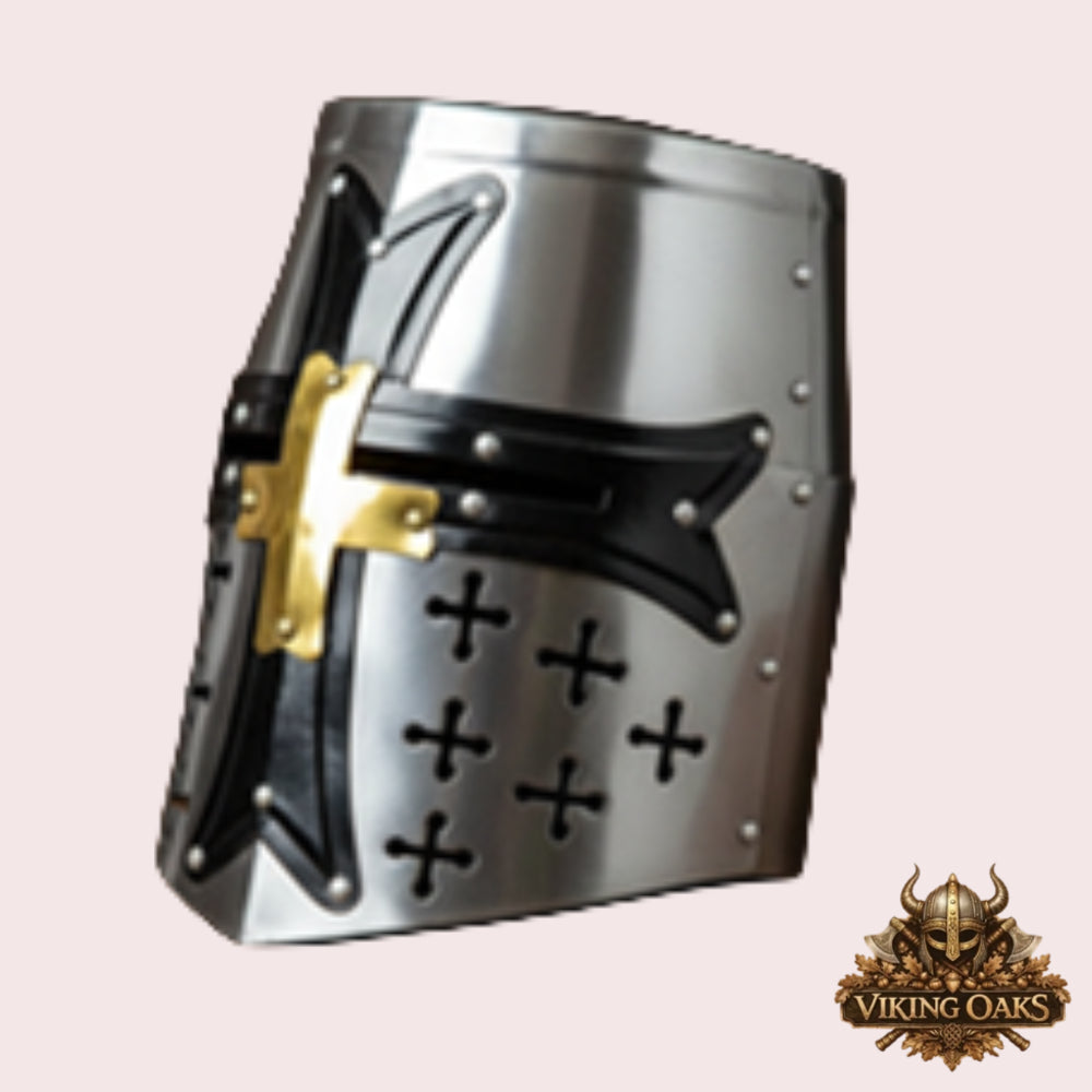 Templar Knight Helmet with Chainmail Coif & Stand Medieval Armour Set