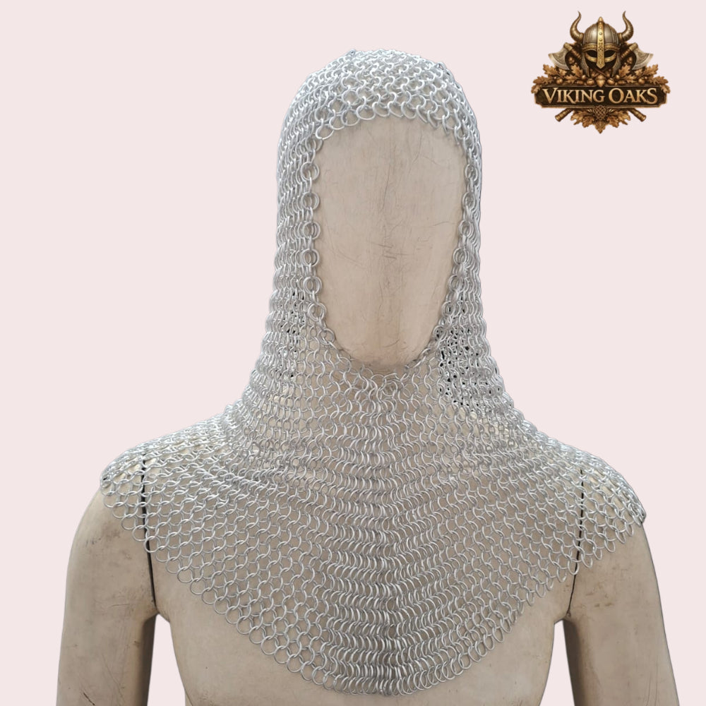 Medieval Crusader Helmet with Chainmail Coif & Stand Knight Armour Costume Set