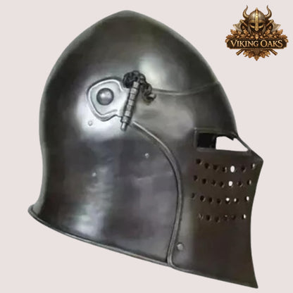 Black Barbute Helmet – Medieval Barbuta Armor with Display Stand for Reenactment, Cosplay & Costumes