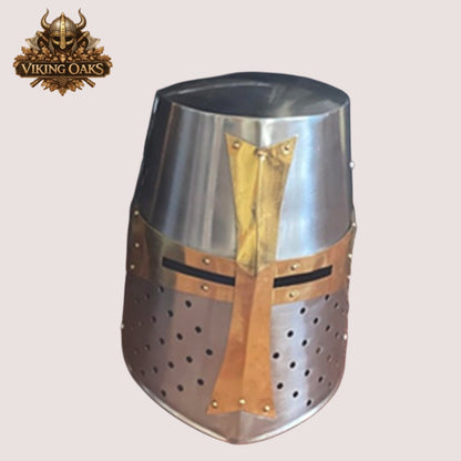 Crusader Helmet with Brass Trim – Knights Templar Medieval Armor for Reenactment, LARP & Cosplay