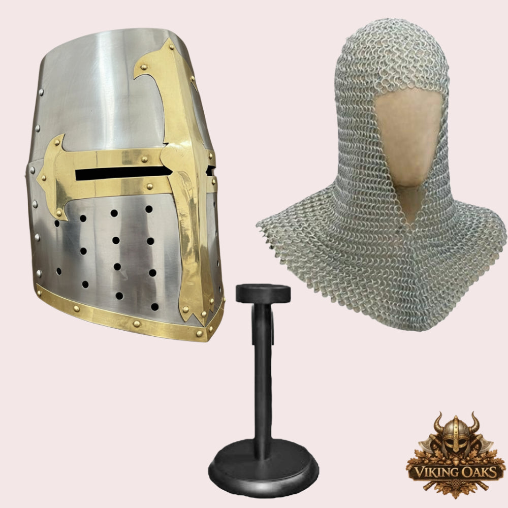 Medieval Crusader Helmet with Chainmail Coif & Stand Knight Armour Costume Set
