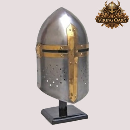 Sugarloaf Crusader Helmet with Wooden Stand – Silver Medieval Knight Armor Display