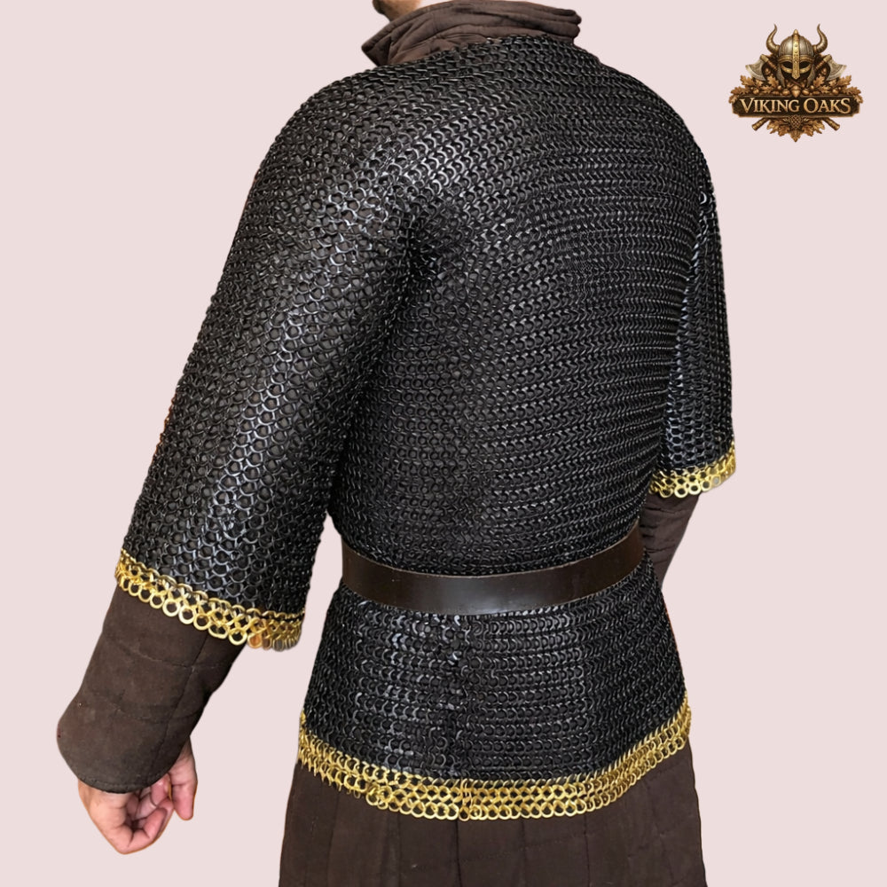 9MM Chainmail Haubergeon Riveted Viking Shirt Brass Trim Armor