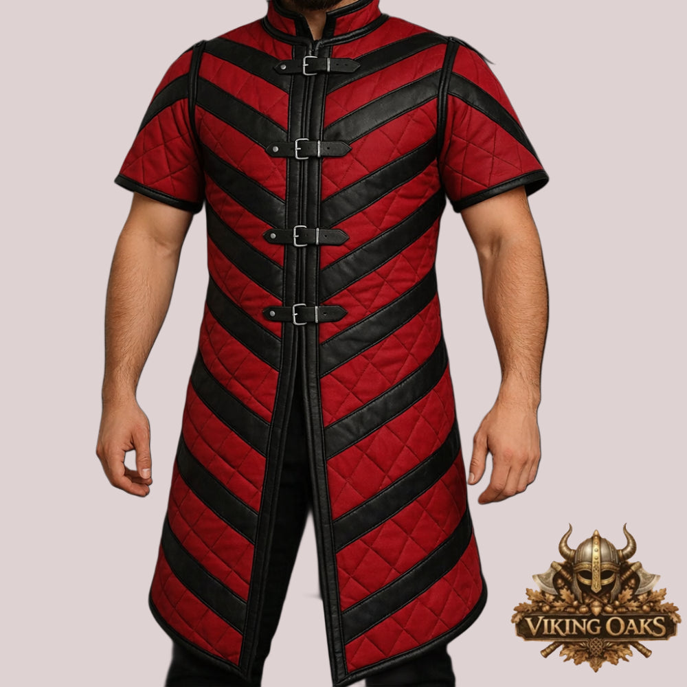 Red Medieval Gambeson Jacket with Black Leather Trim for LARP SCA Viking Knight Armor Costume