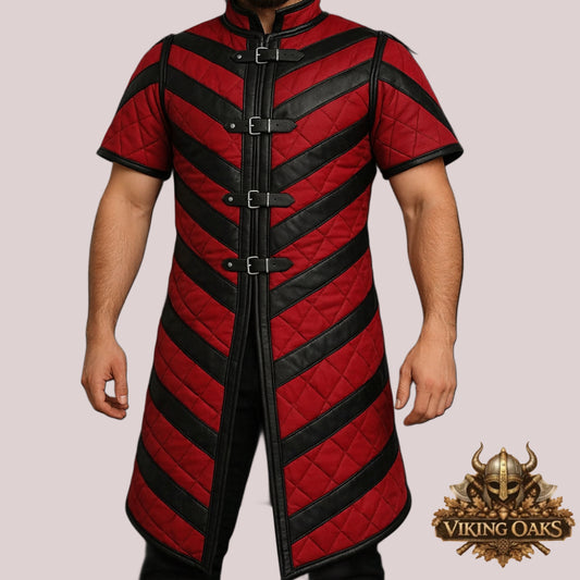 Medieval  red  Gambeson with Black Leather Trim – LARP SCA Armor Jacket