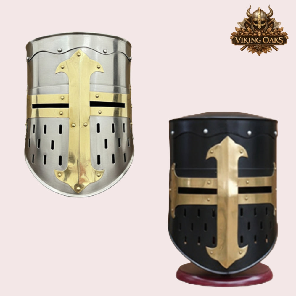 Medieval Knight Helmet Silver & Black Crusader Armour Helmet