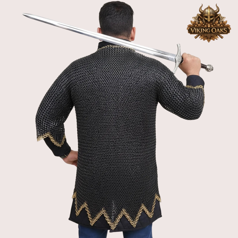 9MM Flat Chainmail Shirt Blackened Steel with Brass Trim Viking Costume for Ren Faire Events