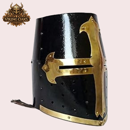 Black Crusader Helmet with Chainmail Coif & Stand Medieval Knight Armour Set