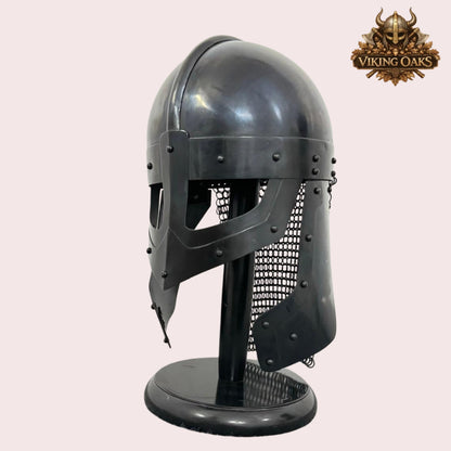 Raven Viking Helmet Norman Knight Chain Mail Helmet with Wooden Stand