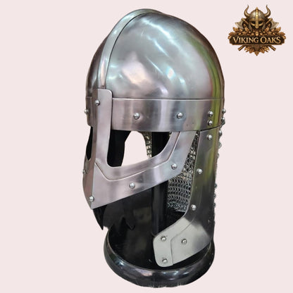 Raven Viking Helmet Norman Knight Chain Mail Helmet with Wooden Stand