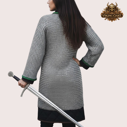 Dark Gray Aluminum Chainmail Hauberk 9MM Flat Ring Full Sleeve Front Open Halloween Costume