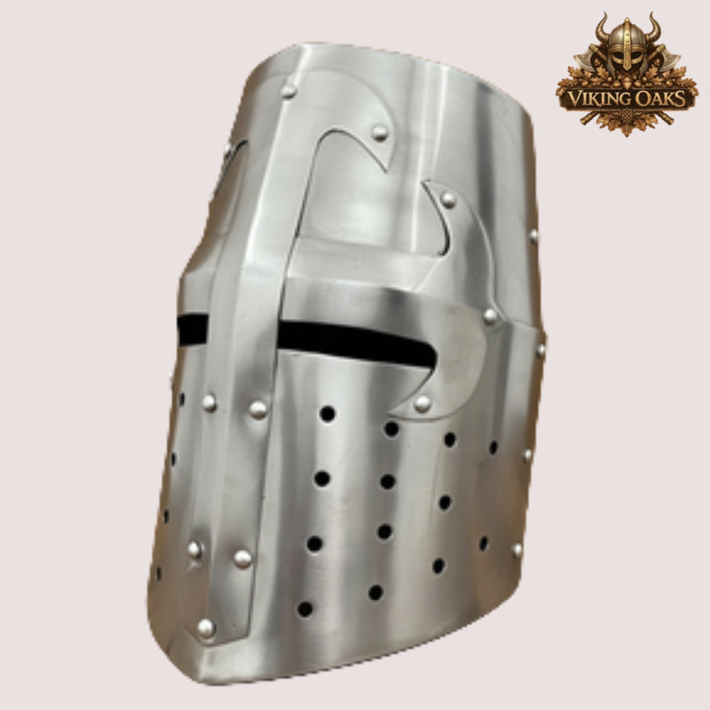 Crusader Helmet with Wooden Stand – Knights Templar Medieval Armor for Reenactment, LARP & Cosplay