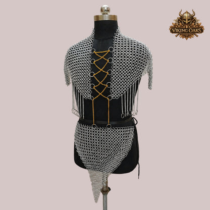 Aluminum Chainmail Halter Top with Skirt Set – 10MM Butted Ring Armor Costume for Cosplay, Renaissance Faire & Festival Wear