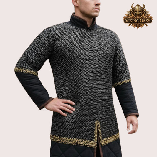 9mm Riveted Flat Ring Chainmail Haubergeon Viking Shirt with Brass Trim for Events