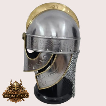 Medieval Viking Chainmail Helmet Replica with Wooden Display Stand Full Wearable Warrior Helmet Collectible Decor Gift