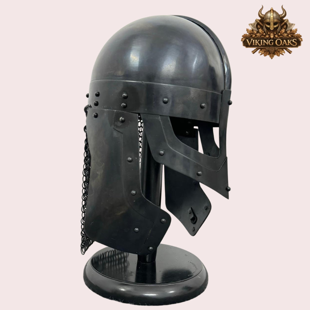 Raven Viking Helmet Norman Knight Chain Mail Helmet with Wooden Stand