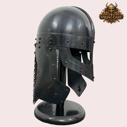 Raven Viking Helmet Norman Knight Chain Mail Helmet with Wooden Stand