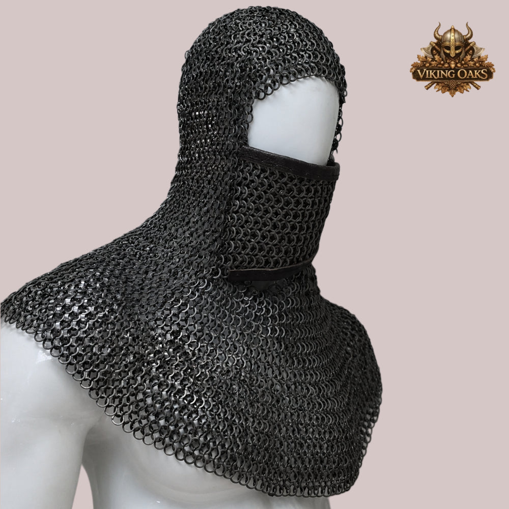 9mm Flat Ring Riveted Chainmail Coif – Medieval Armor Hood for LARP, Cosplay & Event Wear
