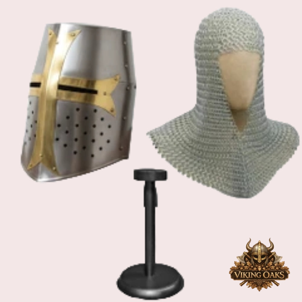 Silver Crusader Helmet with Chainmail Coif & Stand Medieval Knight Armour Set