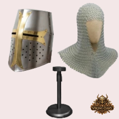 Silver Crusader Helmet with Chainmail Coif & Stand Medieval Knight Armour Set