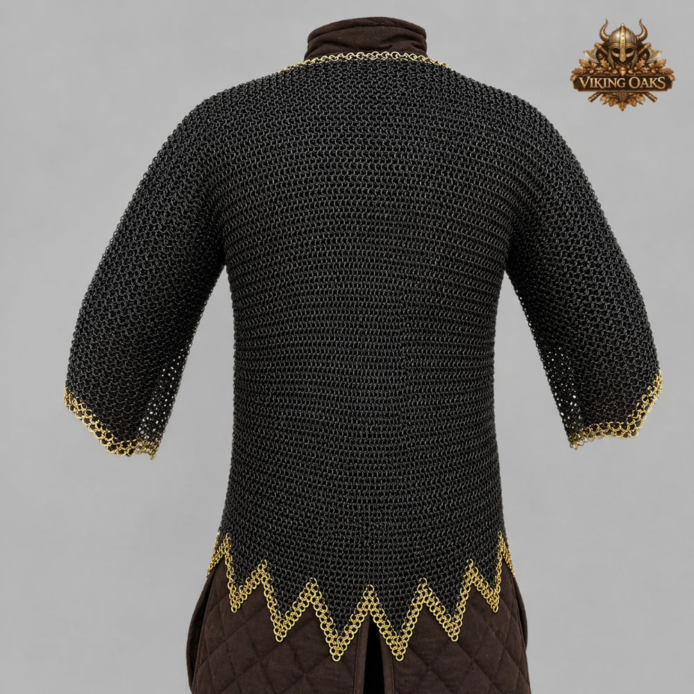 9MM Flat Ring Chainmail Shirt Blackened Steel Brass Trim Viking Armor Costume