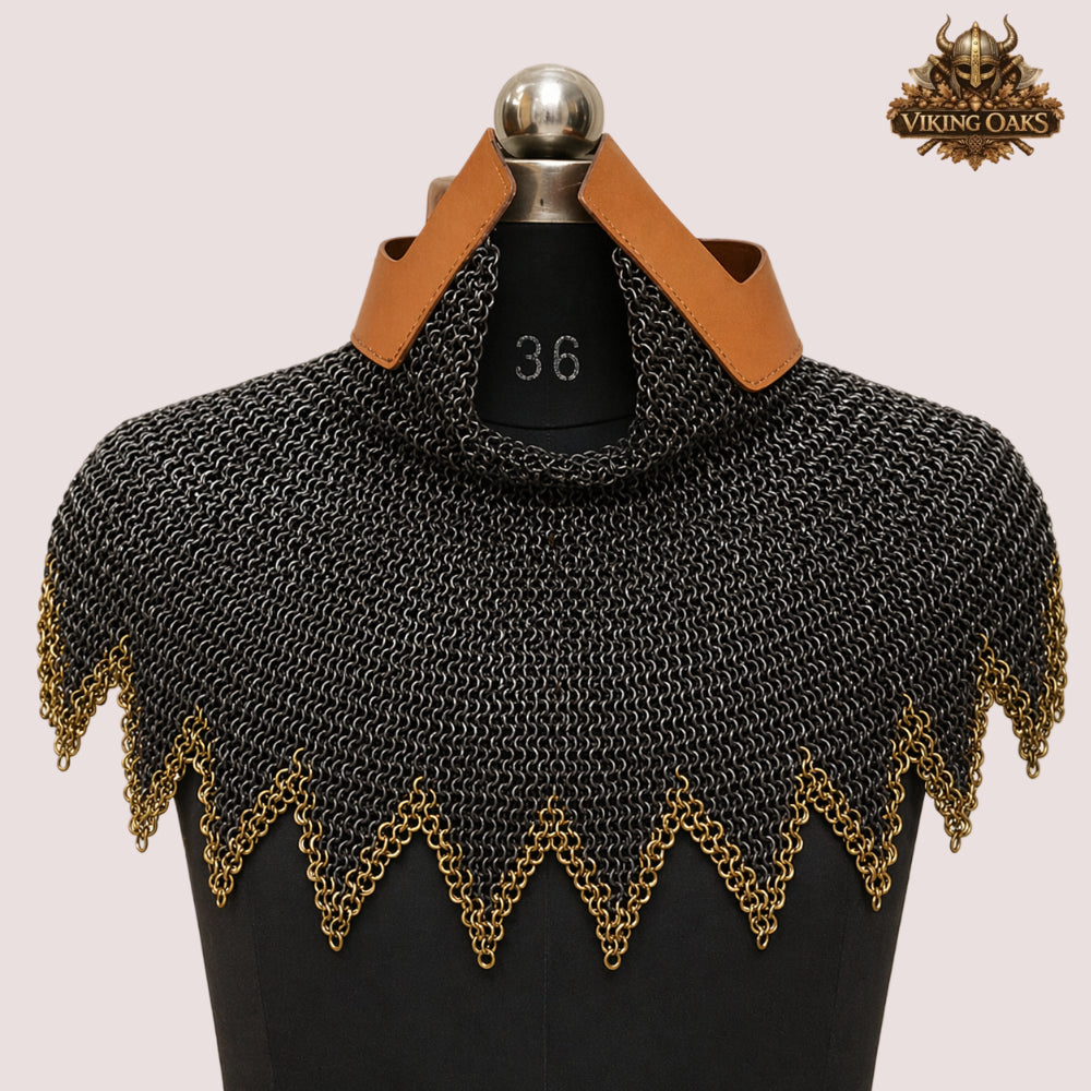 9MM Chainmail Aventail Flat Ring Riveted Washer with Brass Trim Bottom Edge Neck Protection