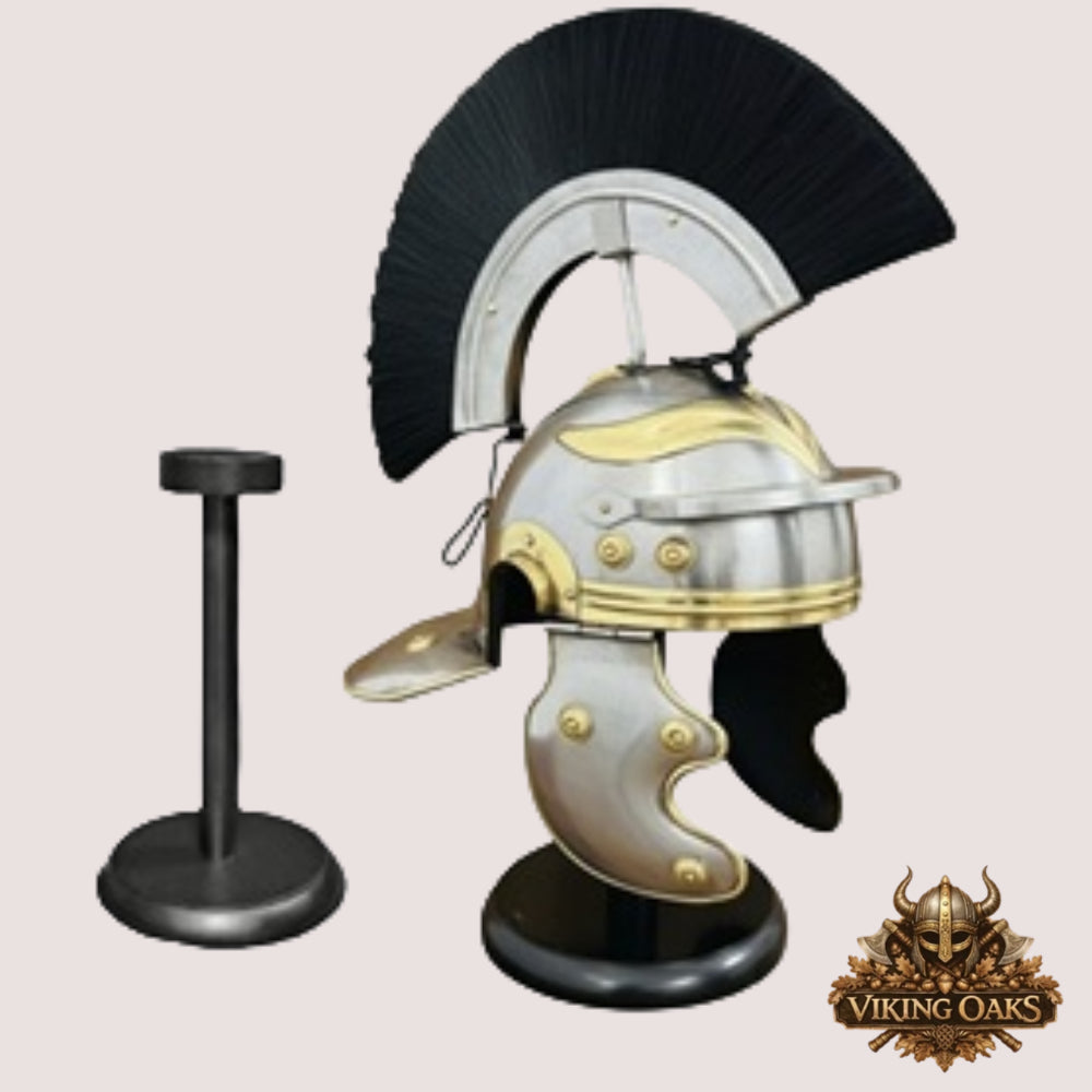 Roman Centurion Helmet with Black Plume – Warrior Armor Helm with Display Stand for Décor & Cosplay