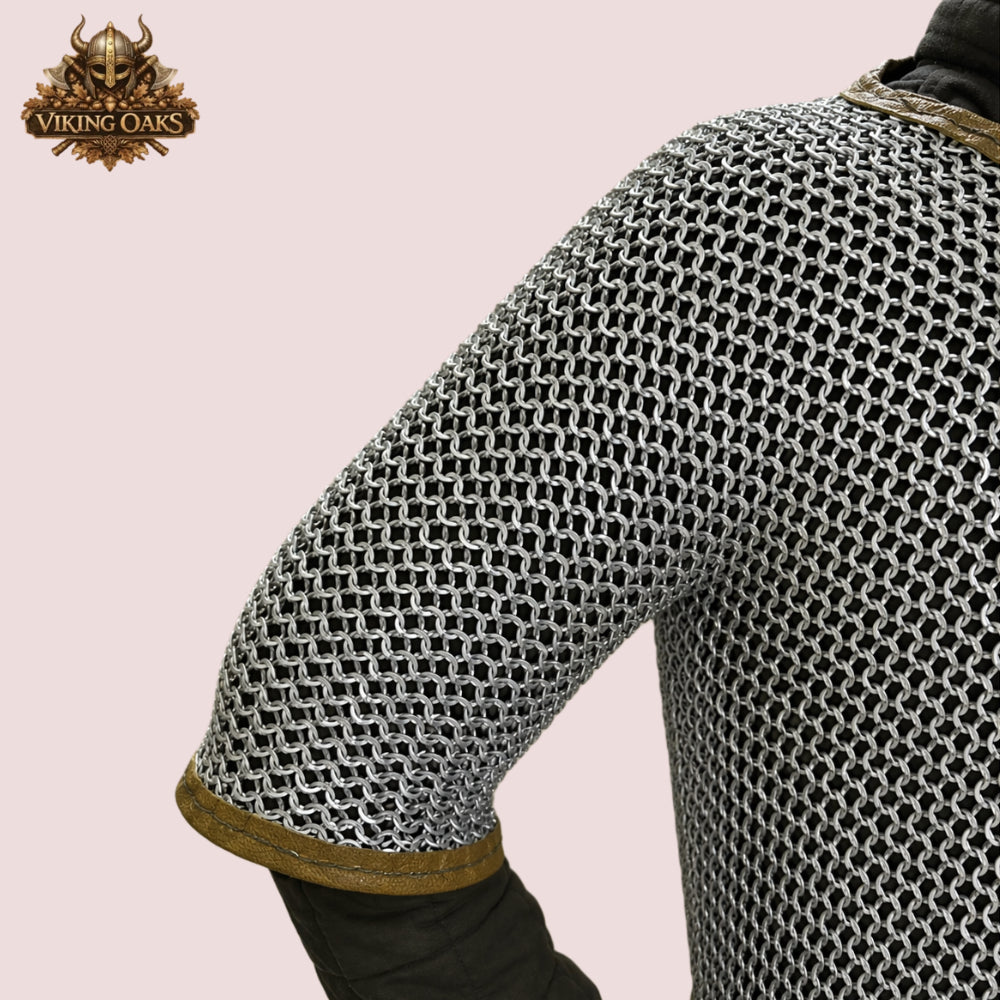 Chainmail Haubergeon, 9mm Flat Ring Riveted with Washer, Brown Leather Trim Trimmed Hauberk for LARP/SCA