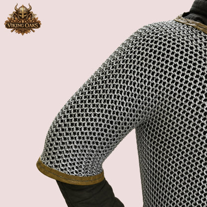 Chainmail Haubergeon, 9mm Flat Ring Riveted with Washer, Brown Leather Trim Trimmed Hauberk for LARP/SCA