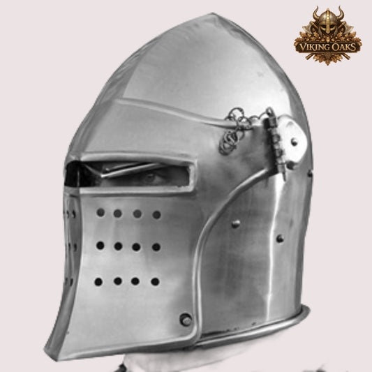 Medieval Barbute Helmet – Barbuta Reenactment Armor with Display Stand for Cosplay & Costumes