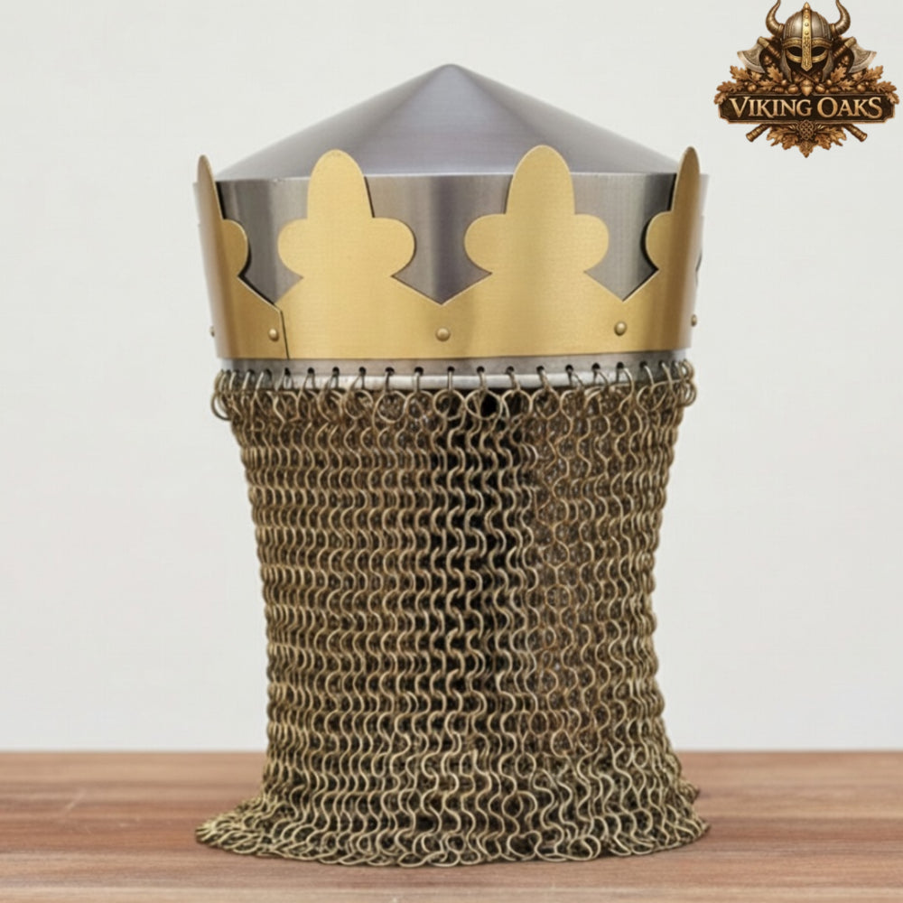 King Arthur Helmet with Brass Butted Chainmail – Medieval Knight Armor, Monty Python Inspired