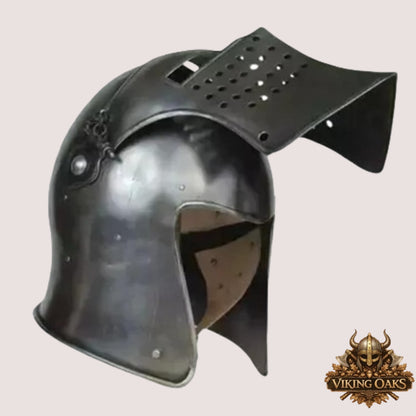Black Barbute Helmet – Medieval Barbuta Armor with Display Stand for Reenactment, Cosplay & Costumes