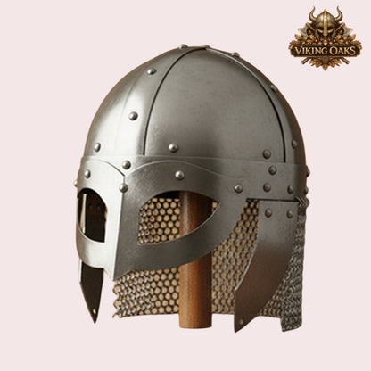 Viking Vendel Spectacle Helmet with Chainmail & Wooden Stand | Norse Armour Helmet