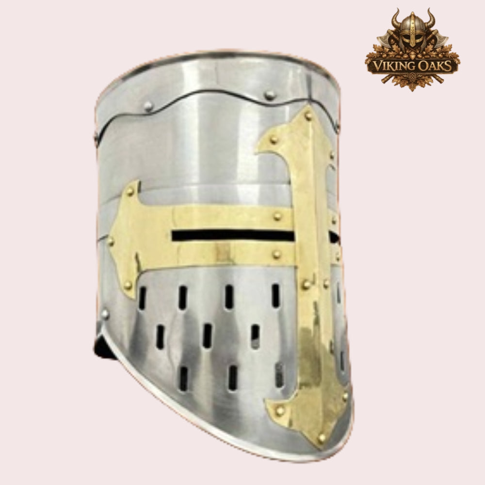 Medieval Crusader Helmet with Chainmail Coif & Stand Knight Armour Costume Set