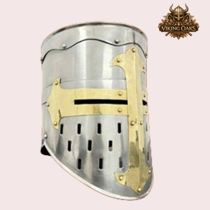 Medieval Crusader Helmet with Chainmail Coif & Stand Knight Armour Costume Set