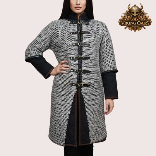 Dark Gray Aluminum Chainmail Long Hauberk 9mm Flat Rings Half Sleeve Front Open Easter Armor Costume