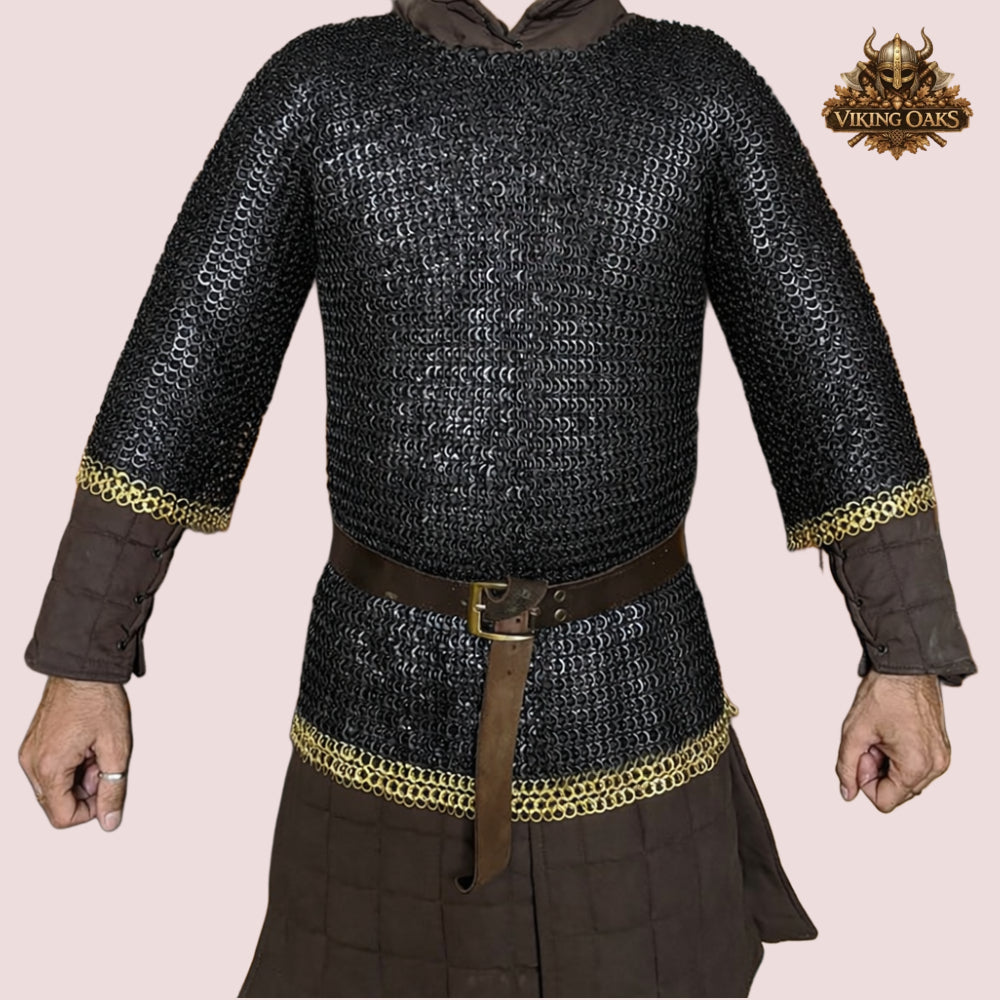 9MM Chainmail Haubergeon Riveted Viking Shirt Brass Trim Armor