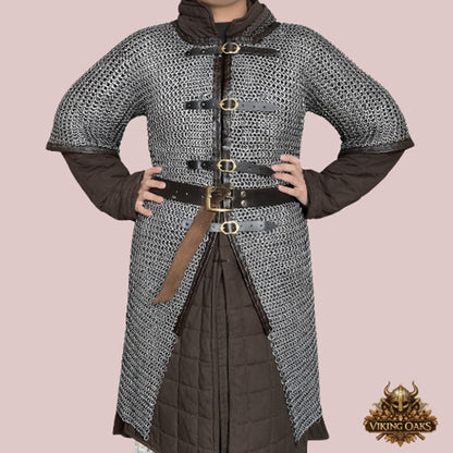 8mm Mild Steel Chainmail Hauberk – Flat Riveted Half Sleeve Front Open Armor Shirt