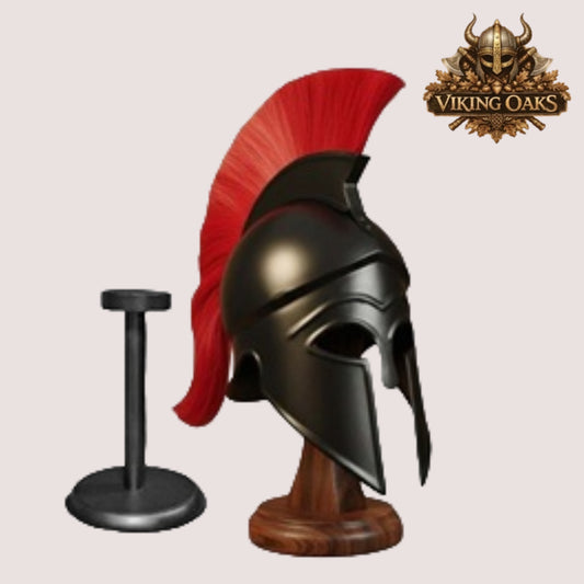 Black Corinthian Helmet with Red Plume – Ancient Greek Warrior Armor with Wooden Display Stand
