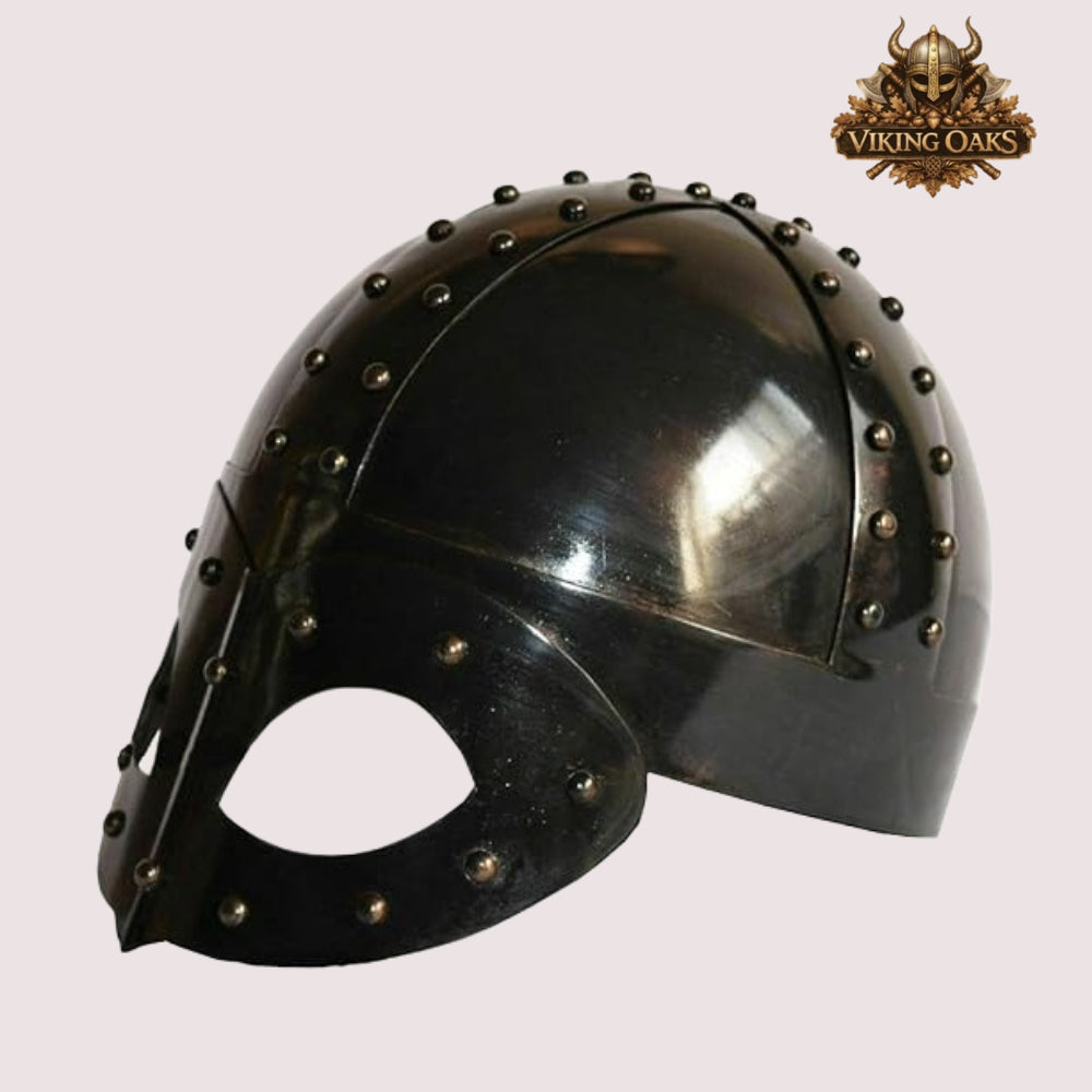 Viking Gjermundbu Helmet – Medieval Warrior Costume with   Wooden Display Stand