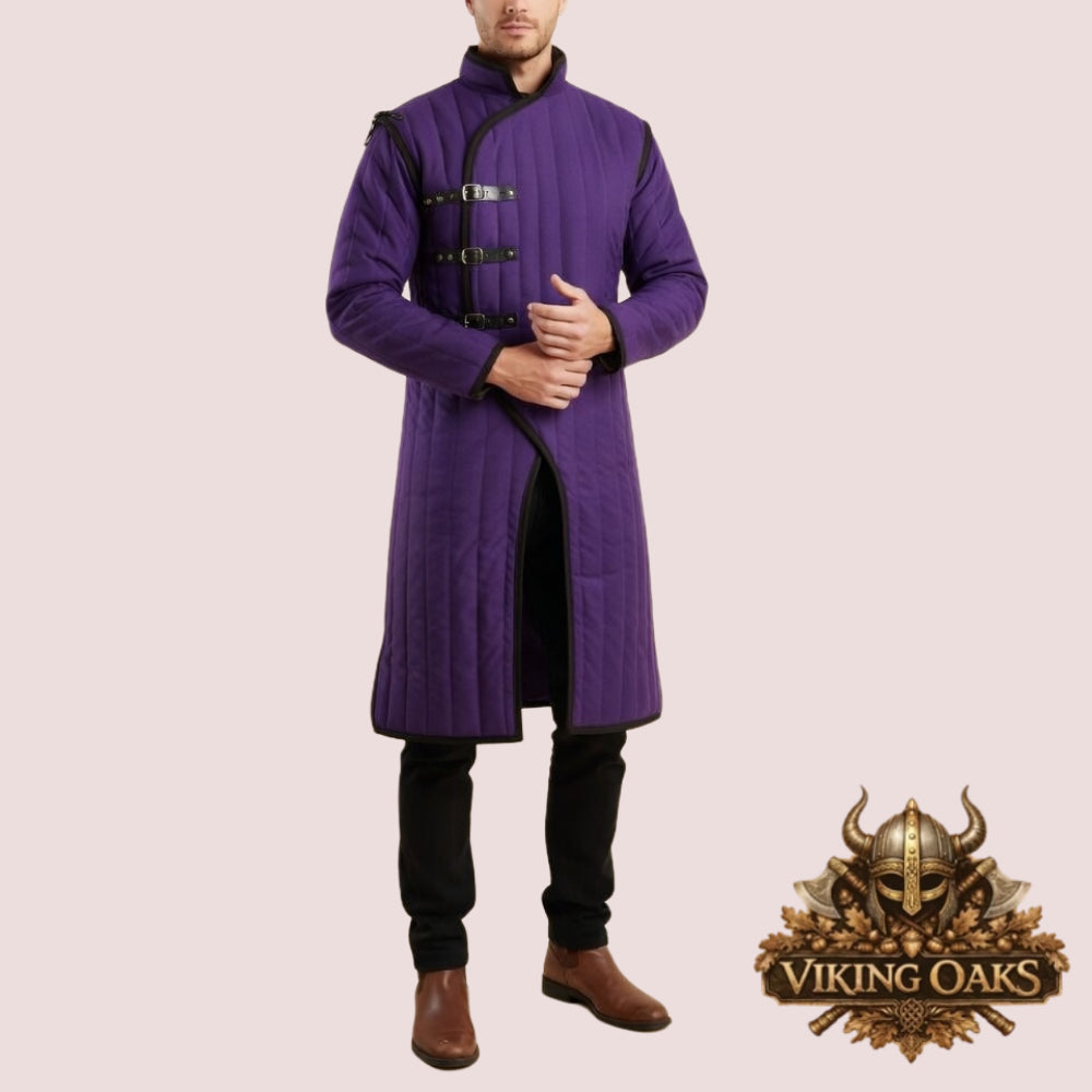 Medieval Gambeson Tunic for Renaissance Fair LARP costume with size chart displayed
