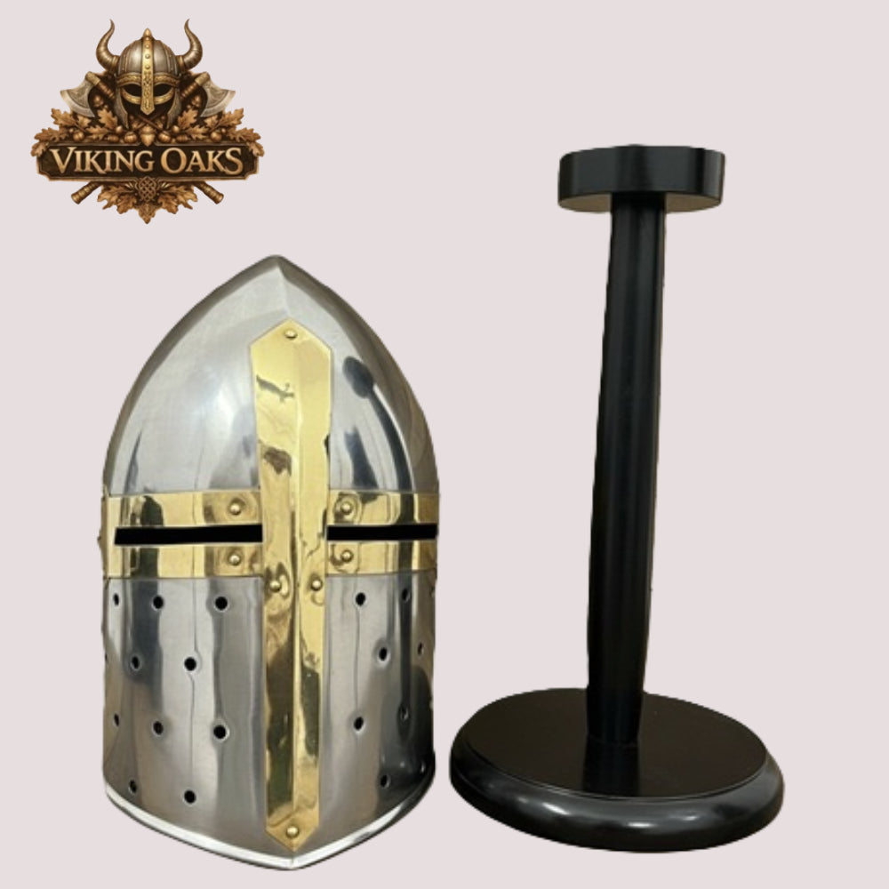 Sugarloaf Crusader Helmet with Wooden Stand – Silver Medieval Knight Armor Display