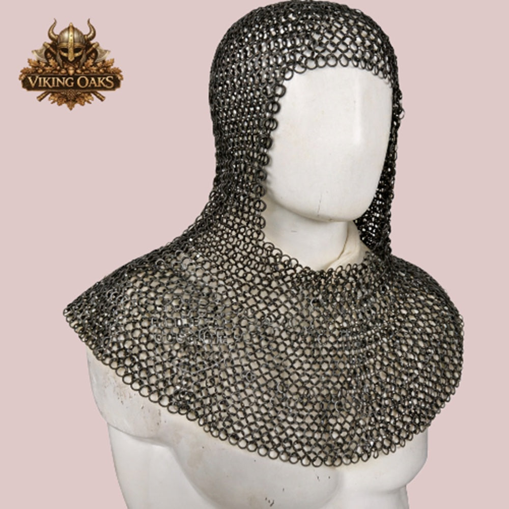 Dark Gray Aluminum Chainmail Hauberk, 9mm Flat Ring Half Sleeve Front Open Shirt, Medieval Armor for Halloween Costume, LARP & Cosplay
